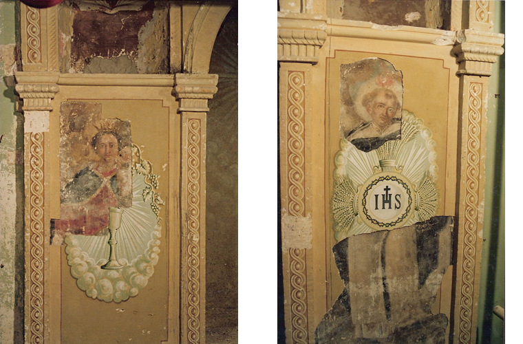 After manual removal of the amateur ochre colored 1940’s frescoed additions, the "Madonna della Misericordia" appeared on the left side of the altar and "Saint Jude" on the right side (18th century anonymous local artist). See next photo for further discoveries.<br />Church of San Pietro in Caveoso, Matera, Italy.