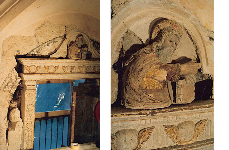 Discovered after removing 18th century masonry that surrounded this chapel window, polychrome gilded wood statue with glass eyes and painted Medieval stone arch (13th century). Note a marble bust randomly used as filler (left).<br />San Pietro in Caveoso, Matera, Italy.