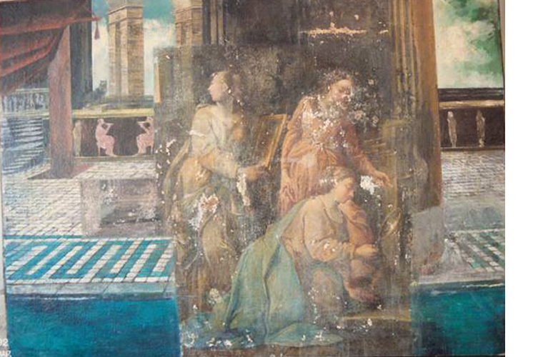 During the removal of the garish top painting, these three (possible) "Vestal Virgins" appeared (circa 1700’s). Note that each figure holds a glass/mirror toward the eternal flame. The painting had been completely painted over with a "bath scene".<br />Private collection, Rome, Italy.
