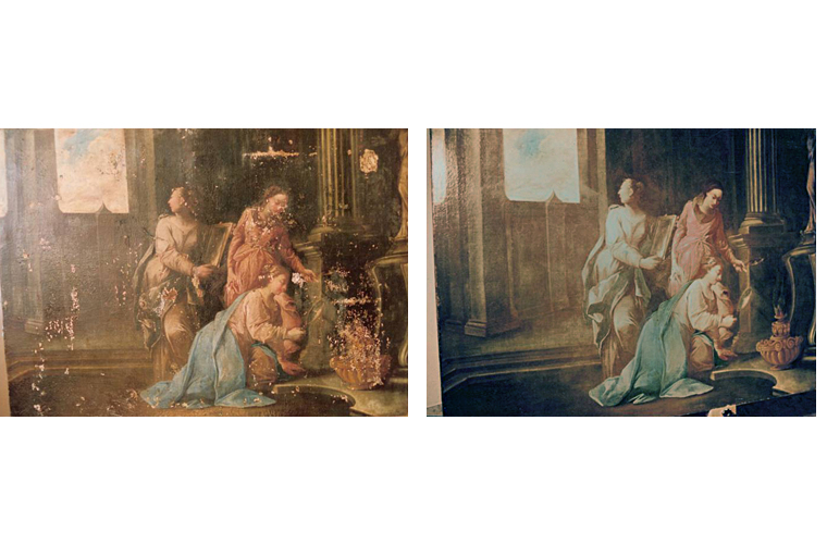 Left, after removal of entire 20th century amateur painting.  Note the amount of paint loss.<br />Right, after restoration "Vestal Virgins Tending the Eternal Flame".<br />Private collection, Rome, Italy.
