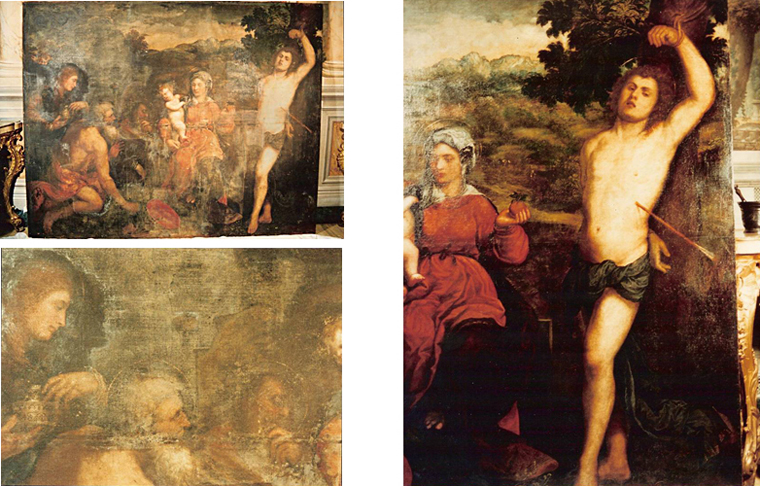 Left side: condition of Paris Bordone’s "St. Sebastian" painting before restoration. Below: detail.<br />Right side: after restoration.<br />Galleria Colonna, Rome, Italy.