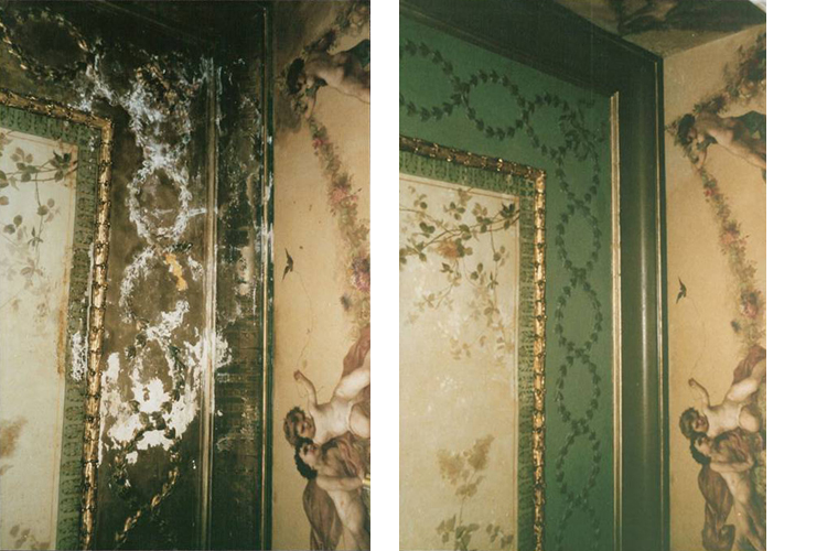 Left side: before the restoration of the decorated ceiling and upper walls in the Director's office of the Chelsea Hotel, formerly the Ladies’ Powder room, circa 1889.<br />Right side: restoration completed.<br />Chelsea Hotel, New York City.