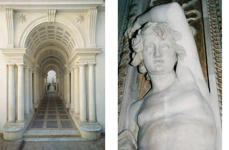 Left side: famous perspective corridor by Francesco Borromini located in the courtyard of Palazzo Spada.<br />Right side: detail during cleaning of the statues on the ceiling of the Galleria degli Stucchi, circa 1550.<br />Palazzo Spada, Rome Italy.