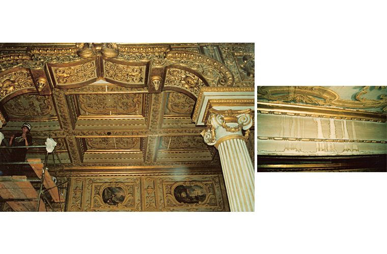 Left side: During restoration of painted wooden ceiling in the private apartments of Prince Prospero Colonna.<br />Right side: detail during cleaning. Note cleaned area upper right.<br />Palazzo Colonna, Rome, Italy.