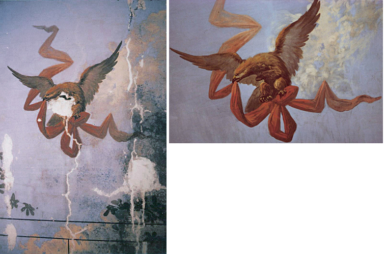 Before and after restoration of damaged (mold, water infiltration, cracks,etc.) frescoed ceiling.<br />Private house Via Veneto, Rome, Italy.
