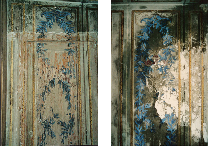 Left side: painted decorations on the wooden door and wall of an antechamber (before).  Right side: damaged ceiling.<br />Private apartments, Colonna Palace, Rome, Italy.
