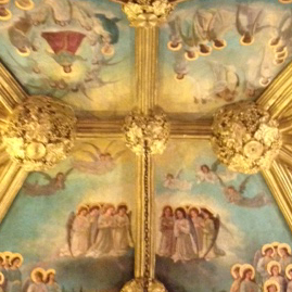 Ceiling of St. Joseph Funeral Chapel at the Church of the Transfiguration a.k.a. The Little Church Around the Corner (1 East 29th Street, NYC).<br />Left side: before the restoration.<br />Right side: after completion