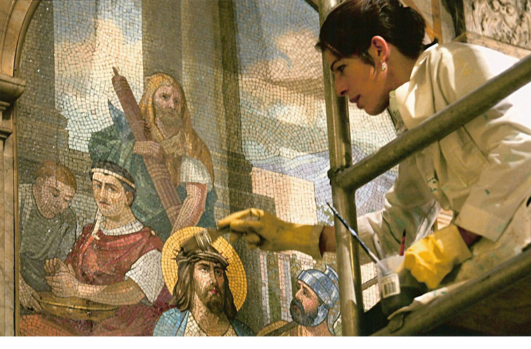 During the cleaning of the mosaics representing the 14 Stations of the Cross.<br />Church of Saint Ignatius Loyola, Park Avenue, New York City.