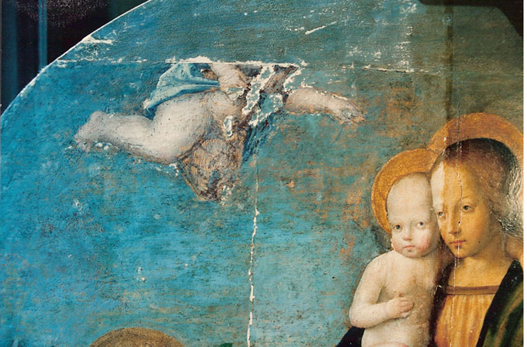 "Saints Agatha and Agnes" during cleaning. Note appearance of unfinished angel, the artist’s pentimento, to the left of the Madonna. The artist decided to cover this unfinished angel (left ) with sky.<br />Galleria Colonna, Rome, Italy.