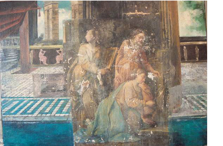Discovered while cleaning a large mediocre 20th century ’Bath’ scene, 18th century "Vestal Virgins" tending the eternal flame.<br />Private collection, Rome, Italy.