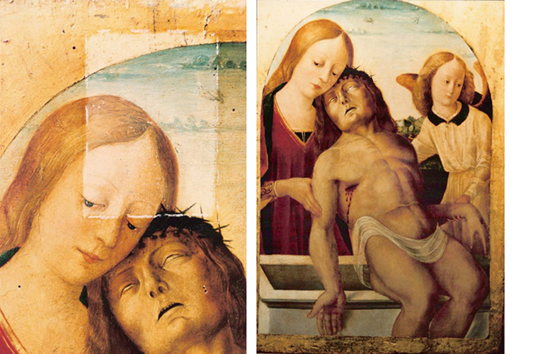 Left side: during cleaning of 14th century "Deposition of Christ" (Siena).<br />Right side: after restoration.<br />Galleria Colonna, Rome, Italy.