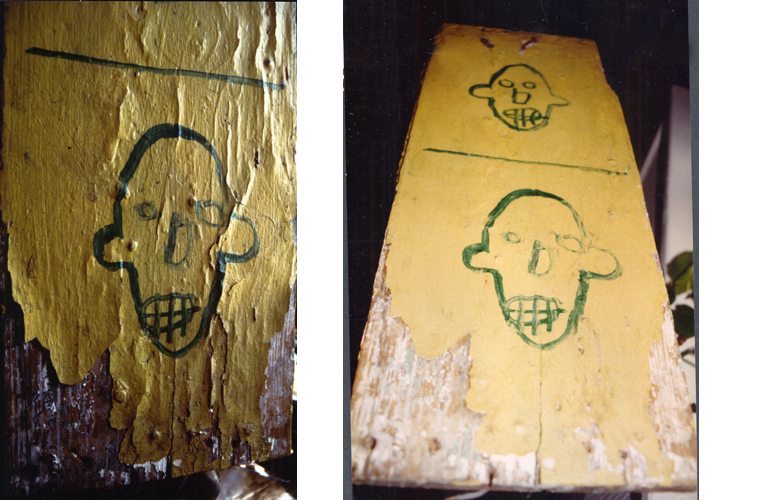 Left side: detail of Jean Michel Basquiat painting before readhesion intervention.<br />Right side: after restoration.<br />Private collection, New York City.
