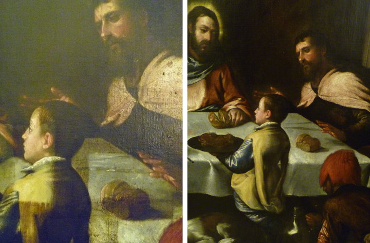 Detail of Bassano painting during cleaning (note clean lower section ’windows’).<br />Right side: after restoration.<br />Private collection, New York City.