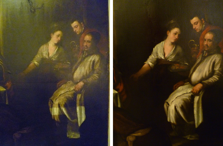 Left side photo shows a detail of a Jacopo or Francesco Bassano painting during cleaning. Note lower section of seated man’s robe.<br />Right side: restored. BASSANO (Italian mid-16th century).<br />Private collection, New York City.