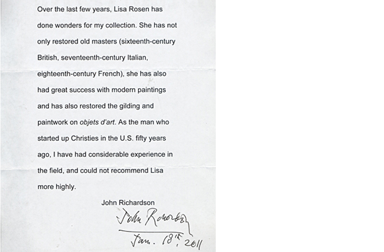 Letter of recommendation from Sir John Richardson, Picasso biographer, NYC.