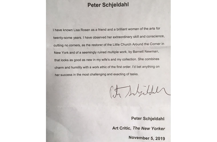 Letter of recommendation from Peter Schjeldahl, an art critic at the New Yorker <br /><br />More referrals upon request.